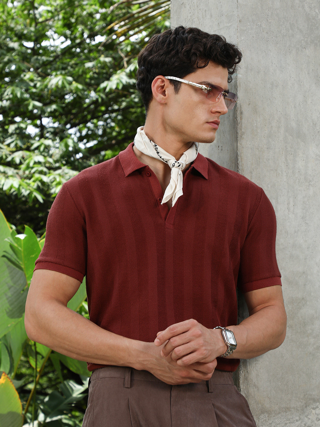 Campus Sutra Rust Red Candy Stripe-Knitted Polo T-Shirt