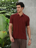 Campus Sutra Rust Red Candy Stripe-Knitted Polo T-Shirt