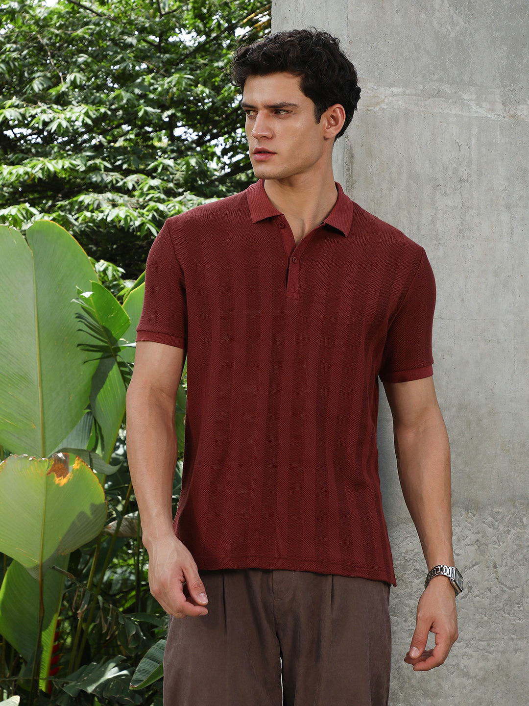 Campus Sutra Rust Red Candy Stripe-Knitted Polo T-Shirt