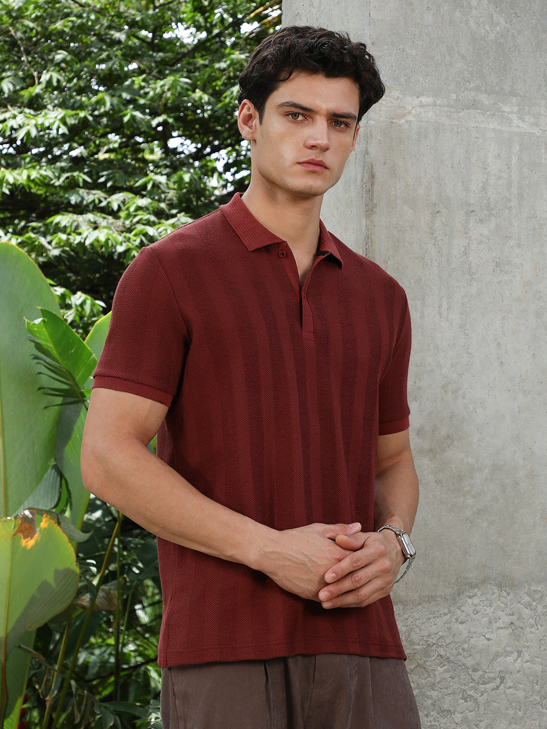 Campus Sutra Rust Red Candy Stripe-Knitted Polo T-Shirt