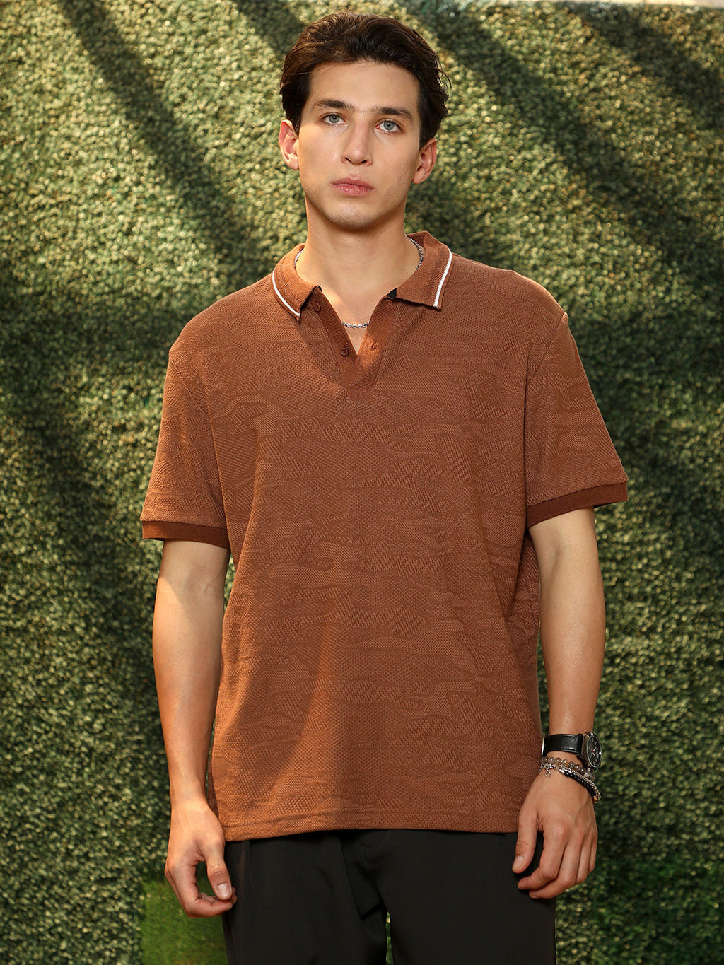 Campus Sutra Tactile-Knitted Polo T-Shirt