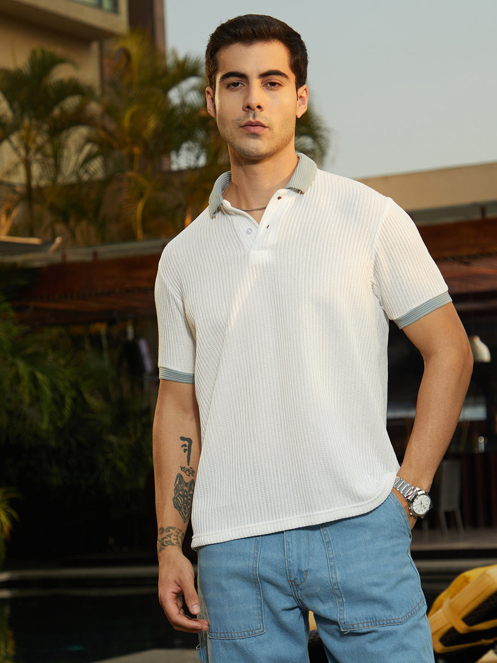 Campus Sutra Contrast Ribbed Polo T-Shirt