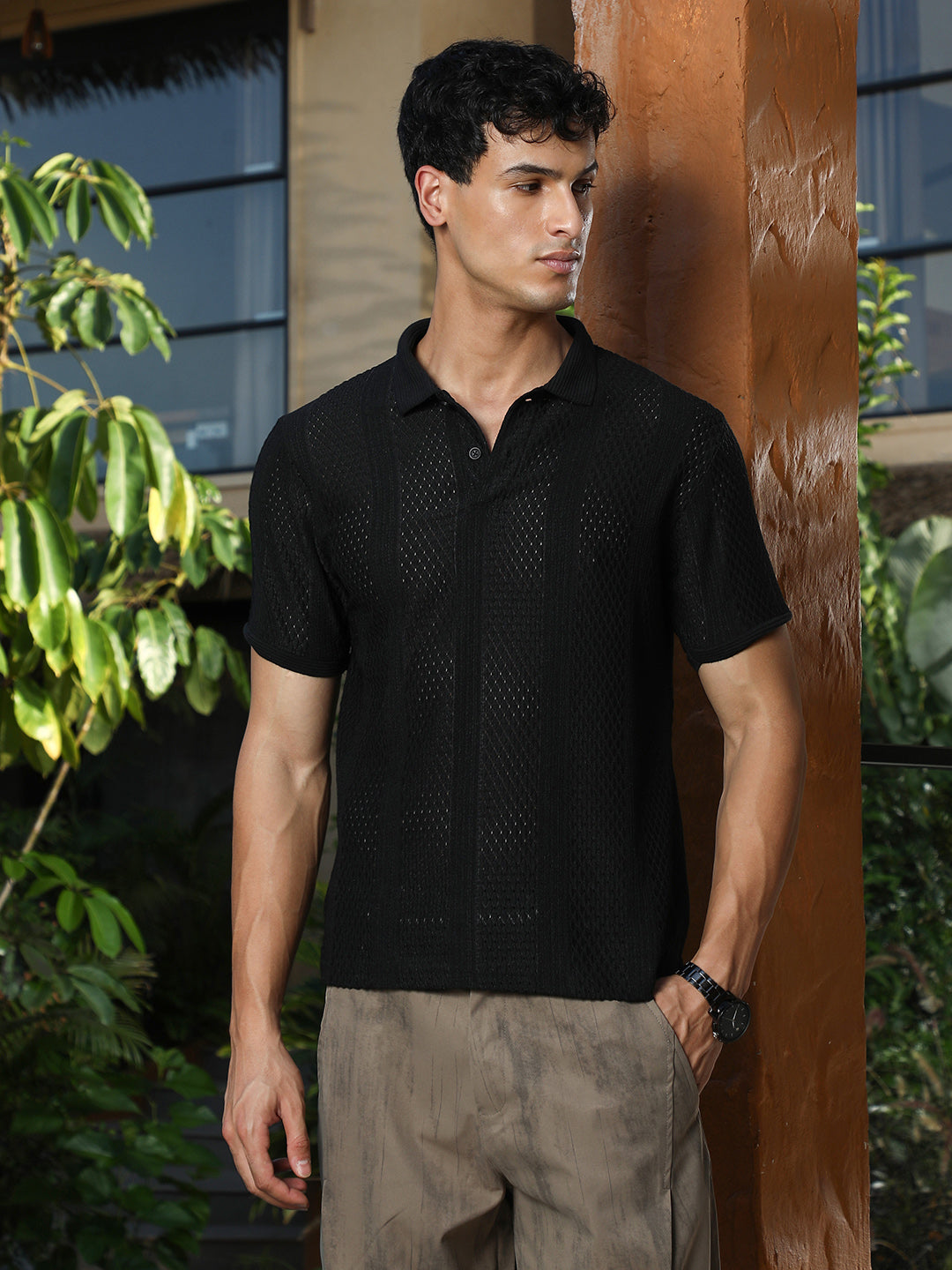 Campus Sutra Marquise-Panel Jacquard Polo T-Shirt
