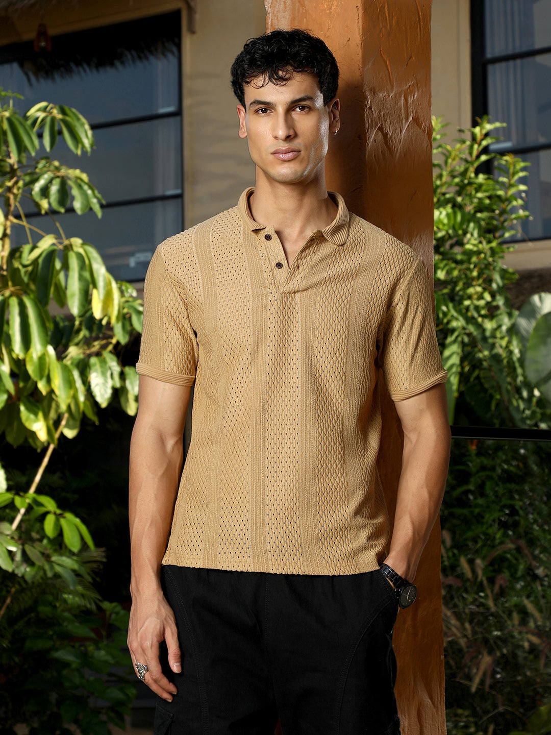 Campus Sutra Marquise-Panel Jacquard Polo T-Shirt