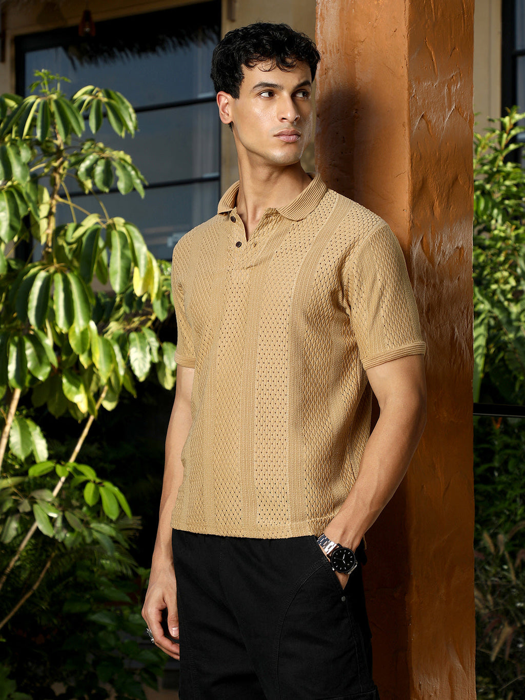 Campus Sutra Marquise-Panel Jacquard Polo T-Shirt