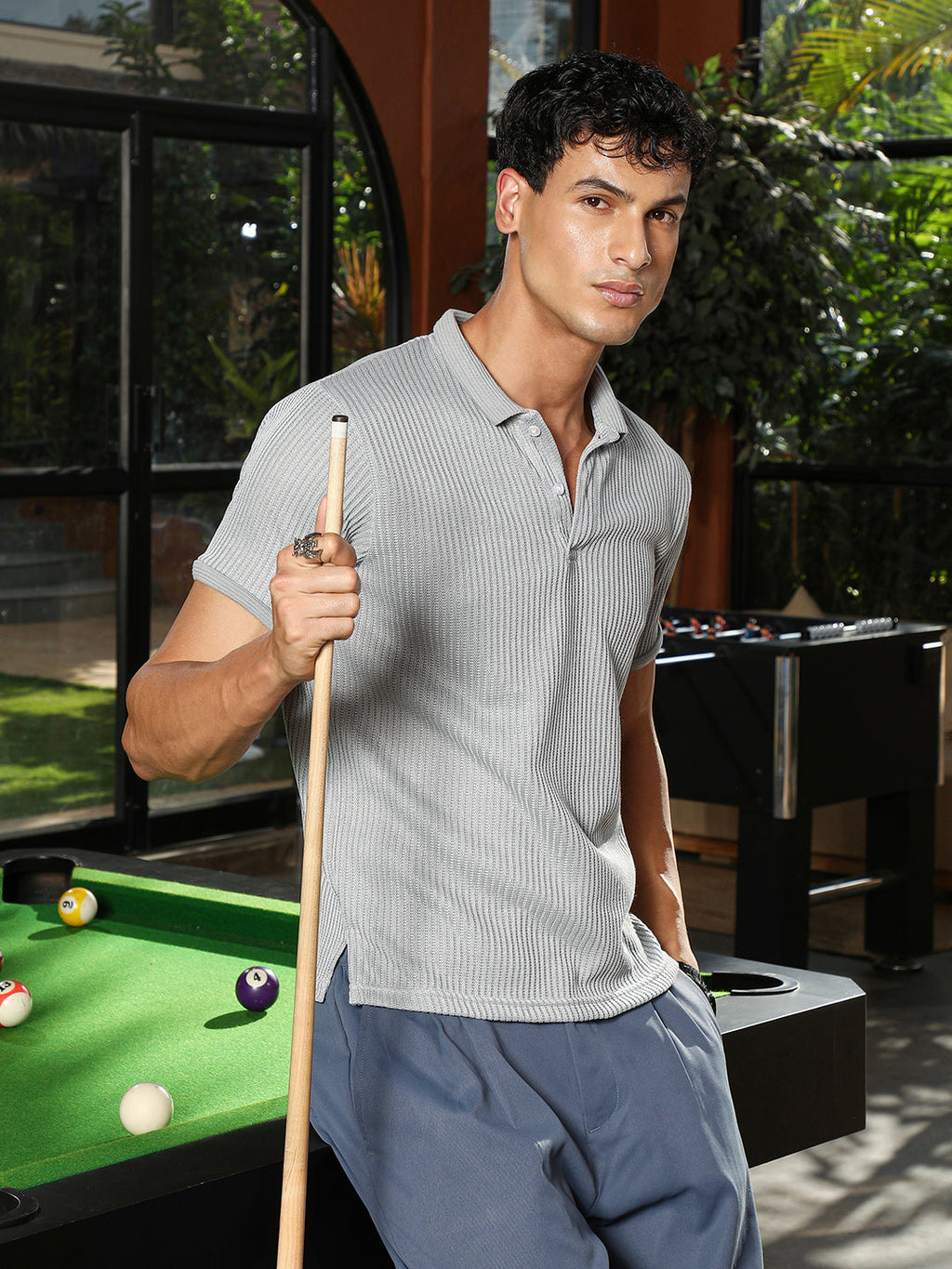 Campus Sutra Solid Ribbed Polo T-Shirt