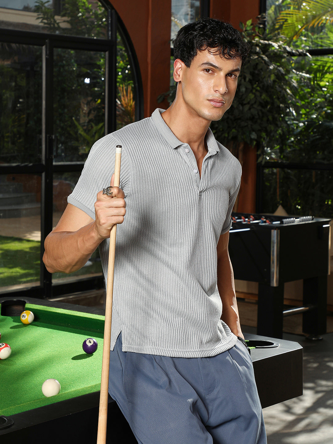 Campus Sutra Solid Ribbed Polo T-Shirt