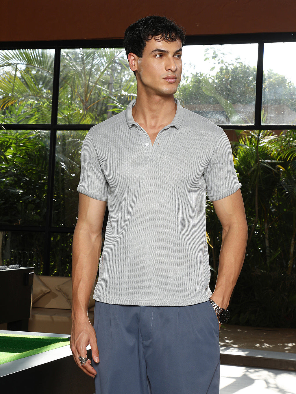 Campus Sutra Solid Ribbed Polo T-Shirt
