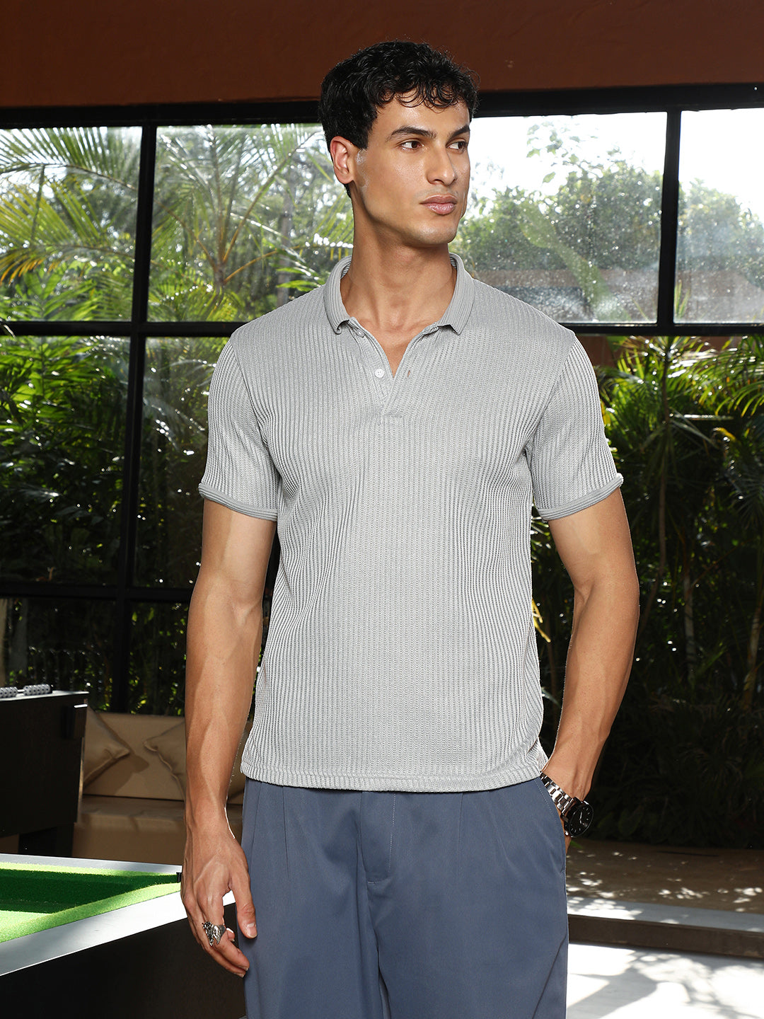 Campus Sutra Solid Ribbed Polo T-Shirt