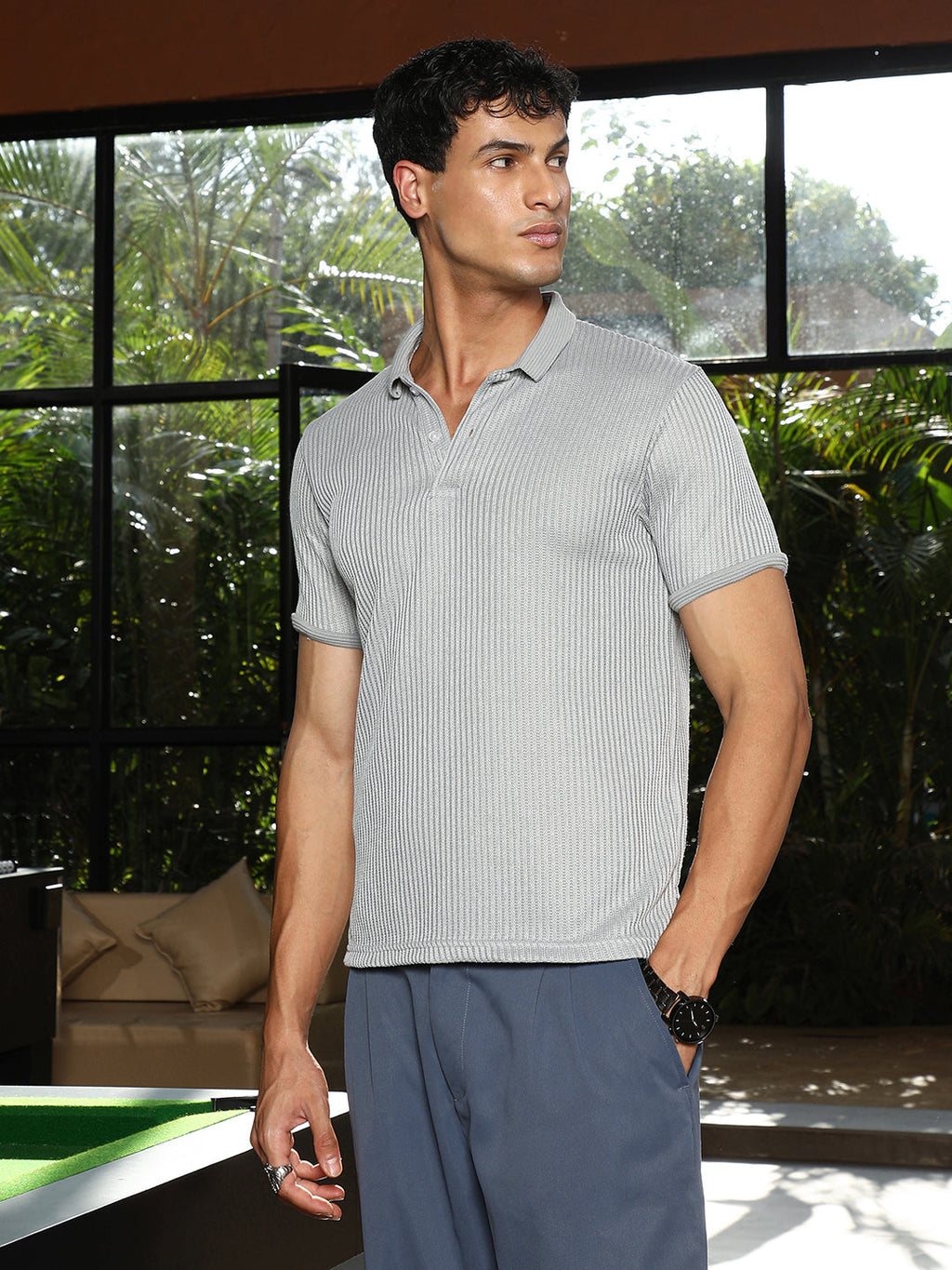 Campus Sutra Solid Ribbed Polo T-Shirt