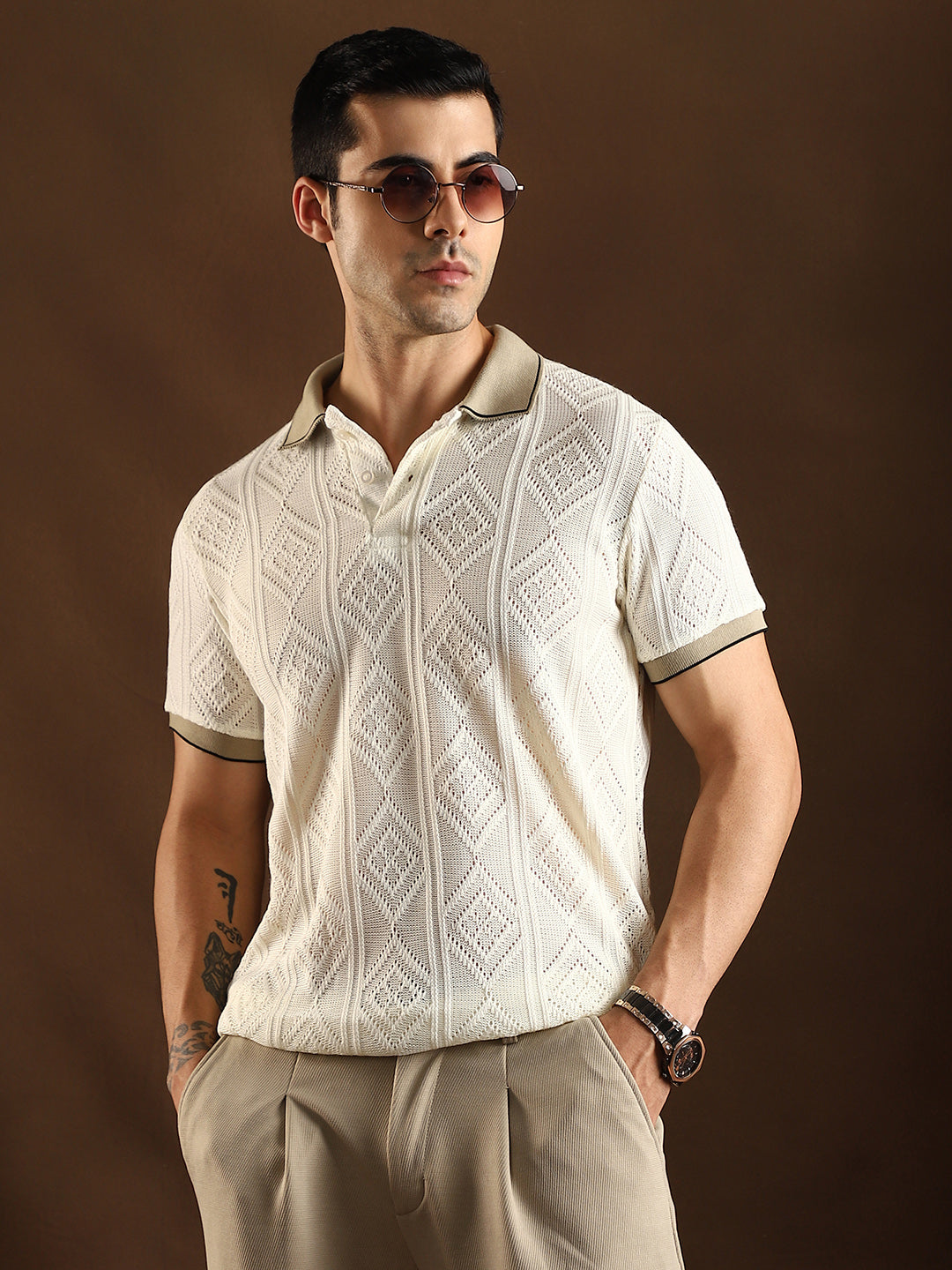 Campus Sutra Contrast Rhombus Polo T-Shirt