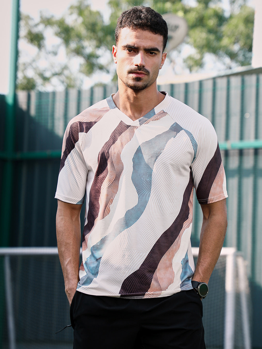 Campus Sutra Abstract TopographyActivewear T-Shirt