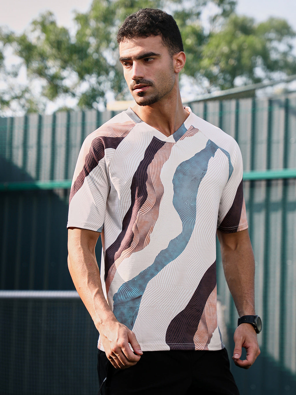Campus Sutra Abstract TopographyActivewear T-Shirt