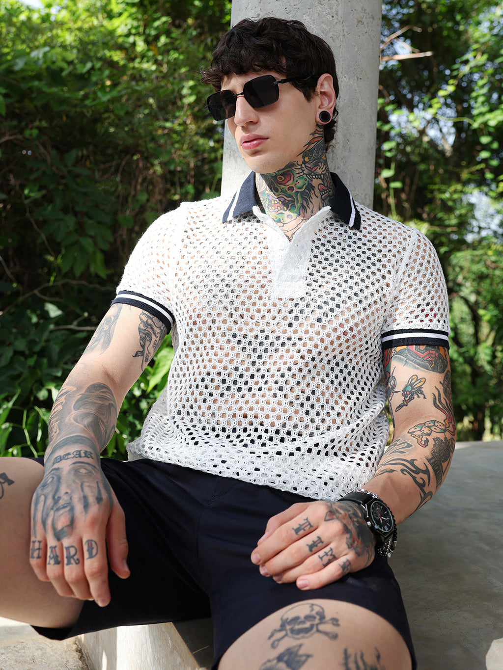 Campus Sutra Open-Knit Block Polo T-Shirt
