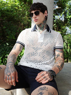 Campus Sutra Open-Knit Block Polo T-Shirt