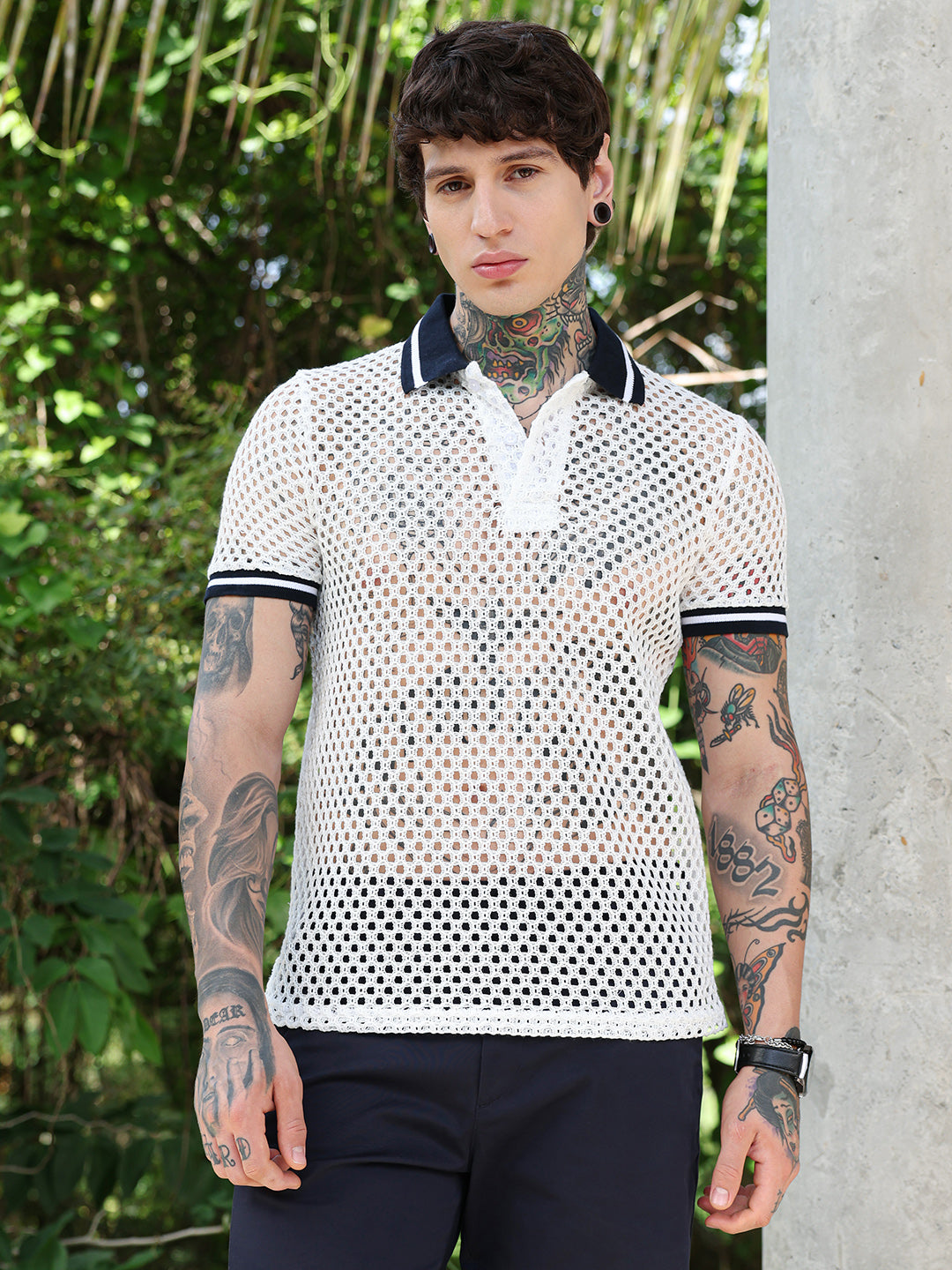 Campus Sutra Open-Knit Block Polo T-Shirt