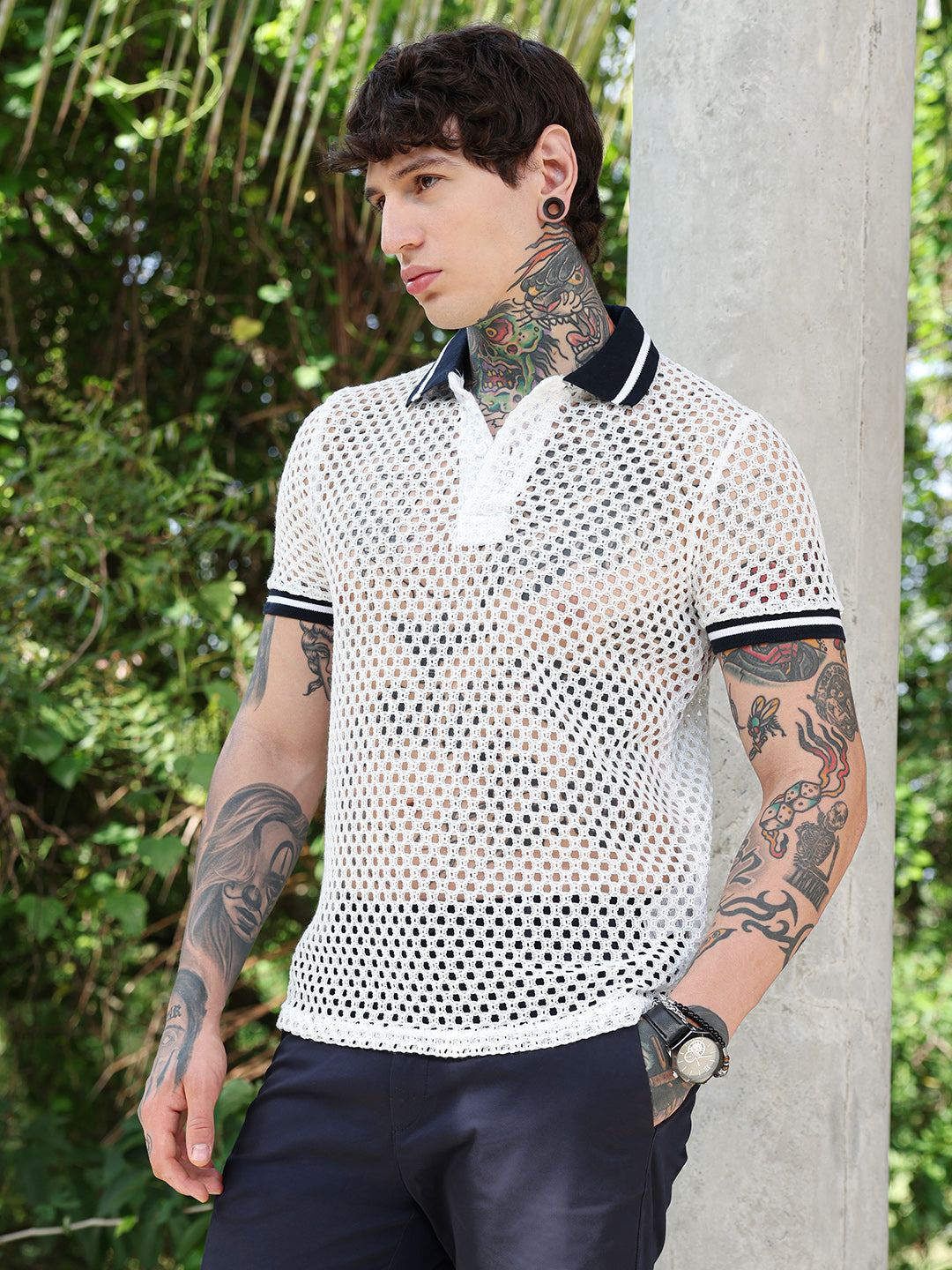 Campus Sutra Open-Knit Block Polo T-Shirt