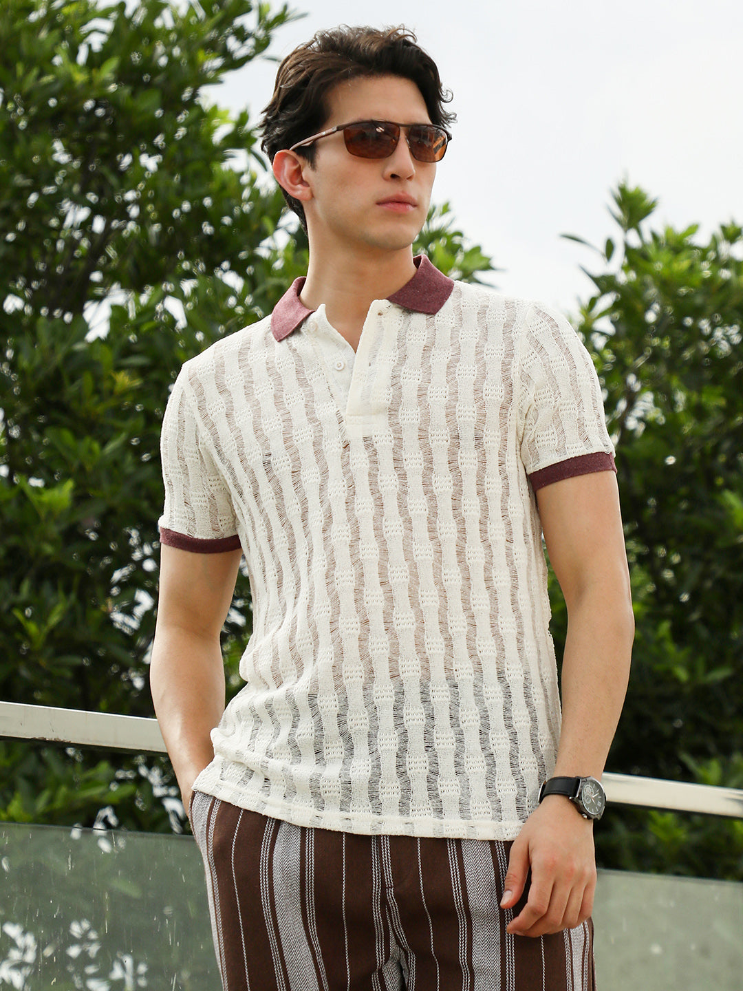 Campus Sutra Textured Knit Polo T-Shirt with Contrast Collar and Cuffs