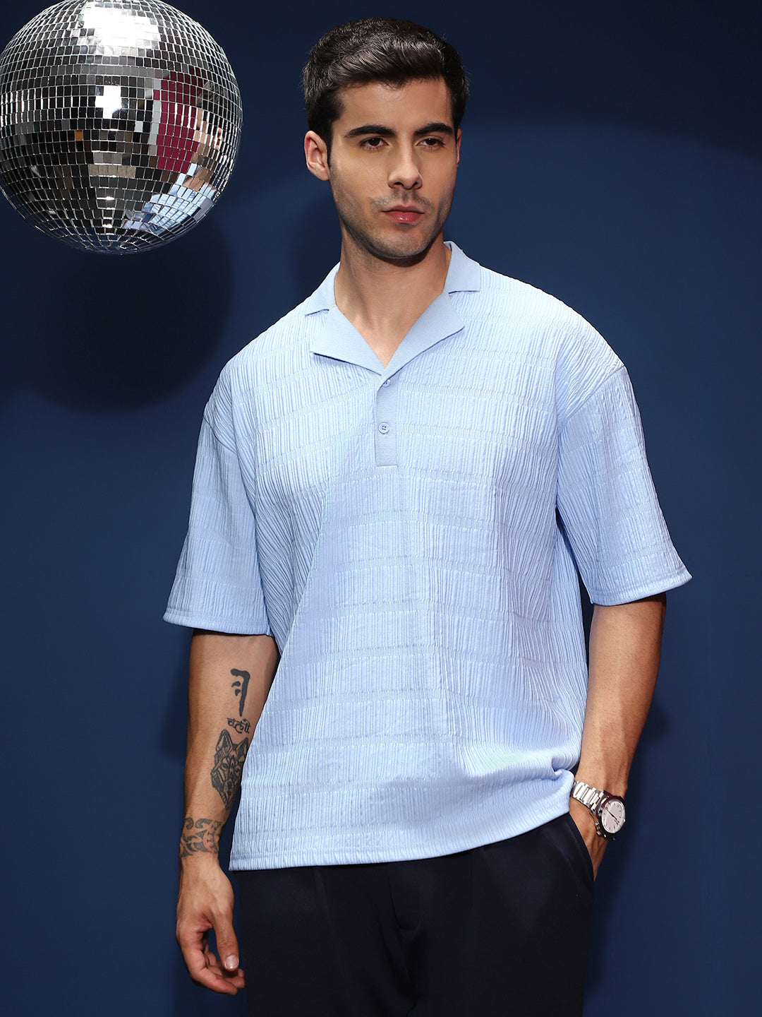 Campus Sutra Bubble Cuban Polo T-Shirt