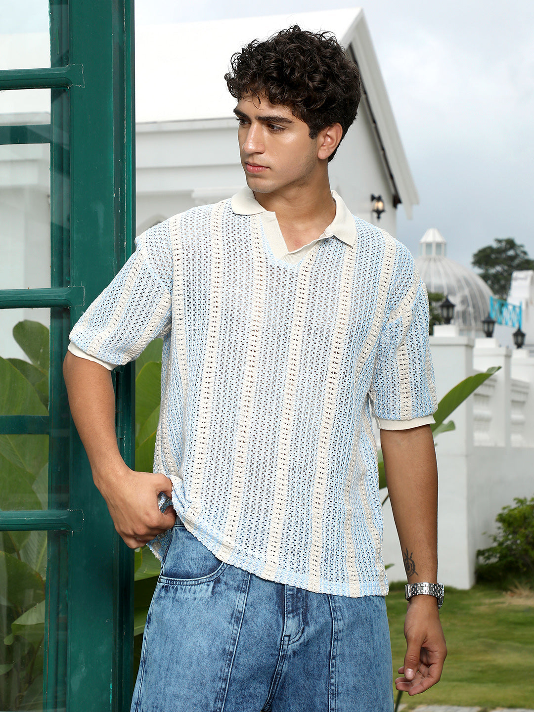 Campus Sutra Striped Crochet Polo T-Shirt