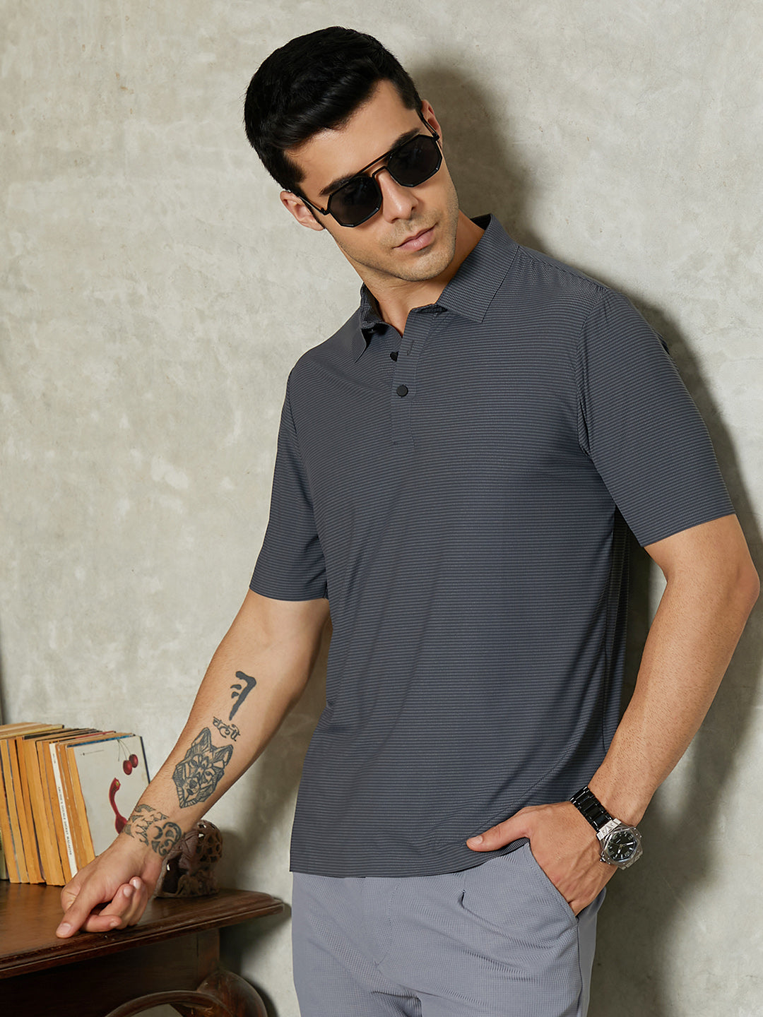 Campus Sutra Seamless Striped Polo T-Shirt