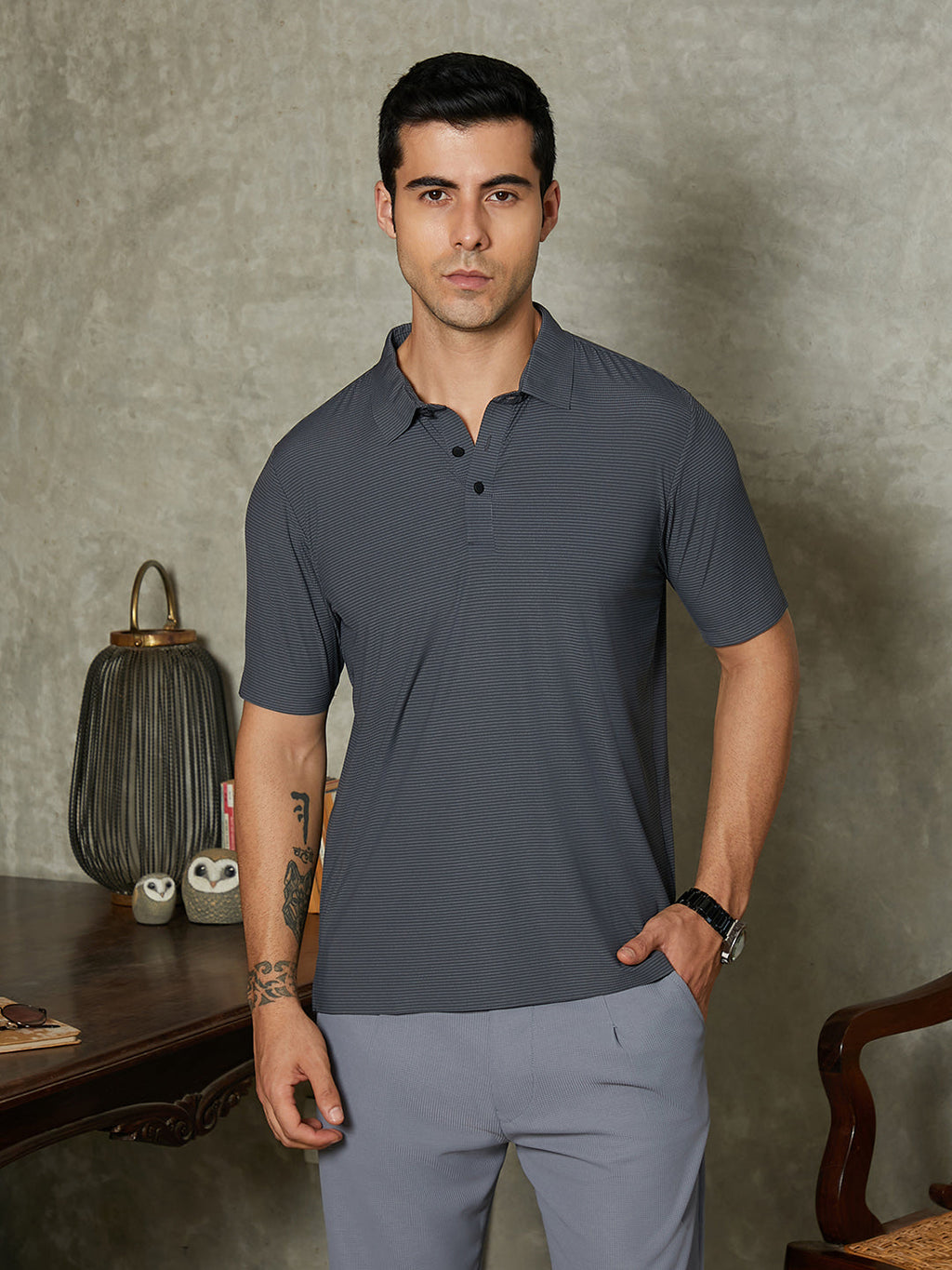 Campus Sutra Seamless Striped Polo T-Shirt