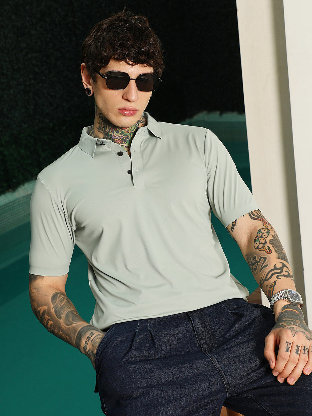 Campus Sutra Light Green Slim Fit Polo T-Shirt with Breathable Poly-Spandex Blend