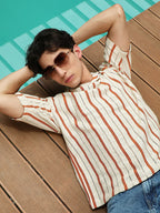 Campus Sutra Striped Cuban Collar Cotton T-Shirt - Cream & Orange
