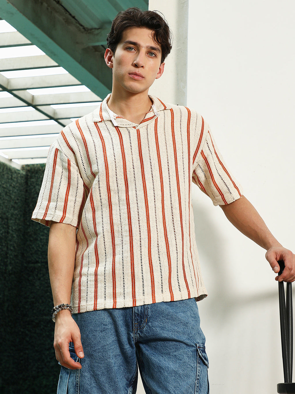 Campus Sutra Striped Cuban Collar Cotton T-Shirt - Cream & Orange