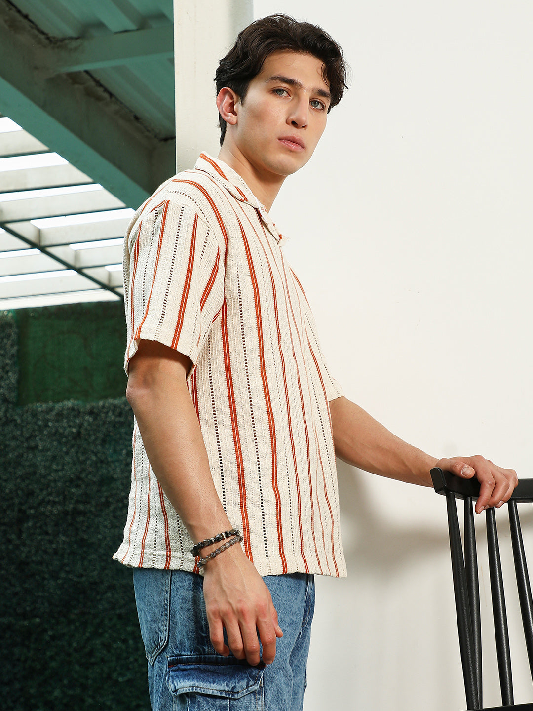 Campus Sutra Striped Cuban Collar Cotton T-Shirt - Cream & Orange