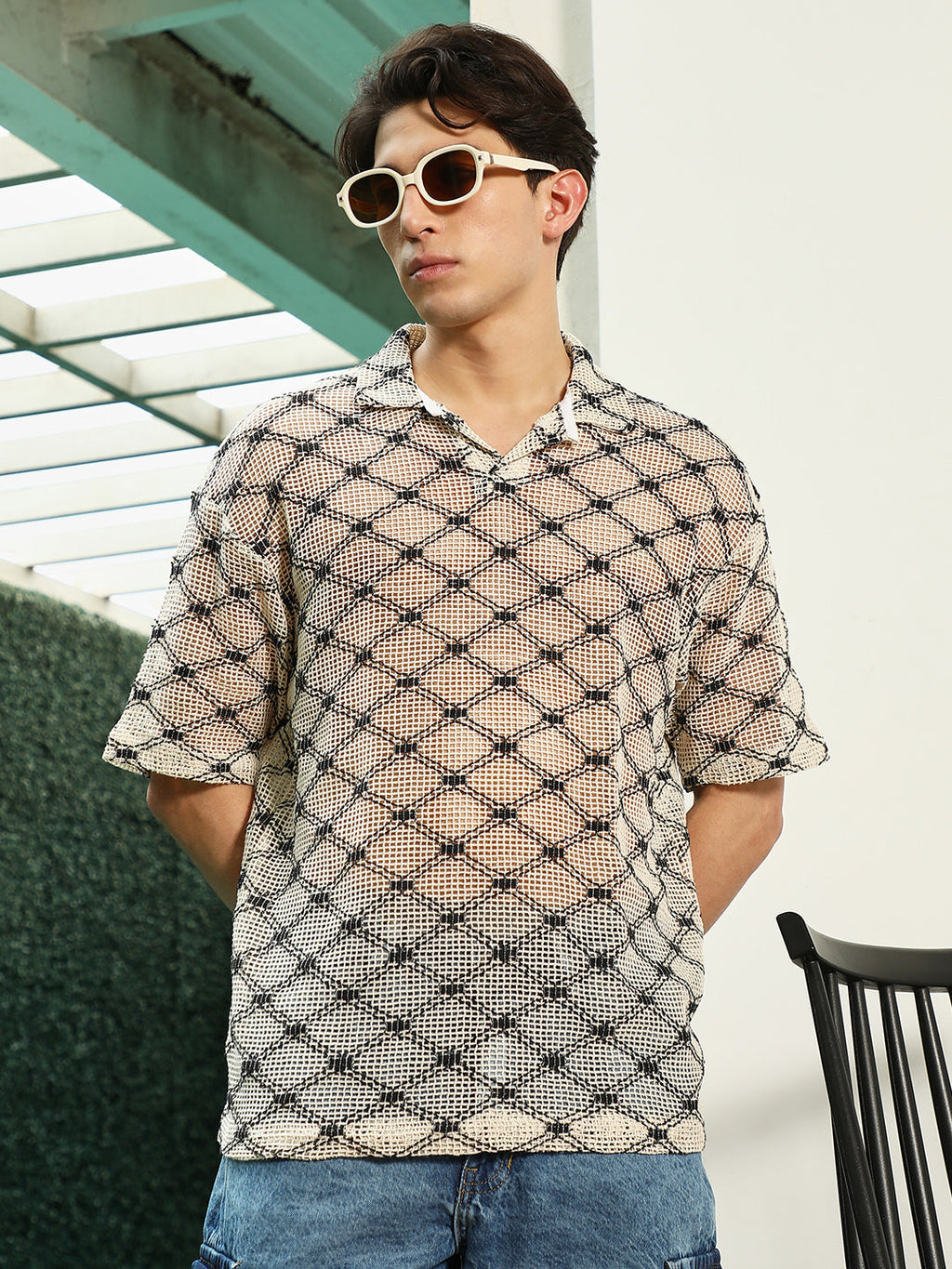 Campus Sutra Geometric Pattern Polo Collar Cotton T-Shirt