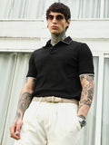 Campus Sutra Textured Black Polo T-Shirt with Contrast Trim