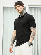 Campus Sutra Textured Black Polo T-Shirt with Contrast Trim