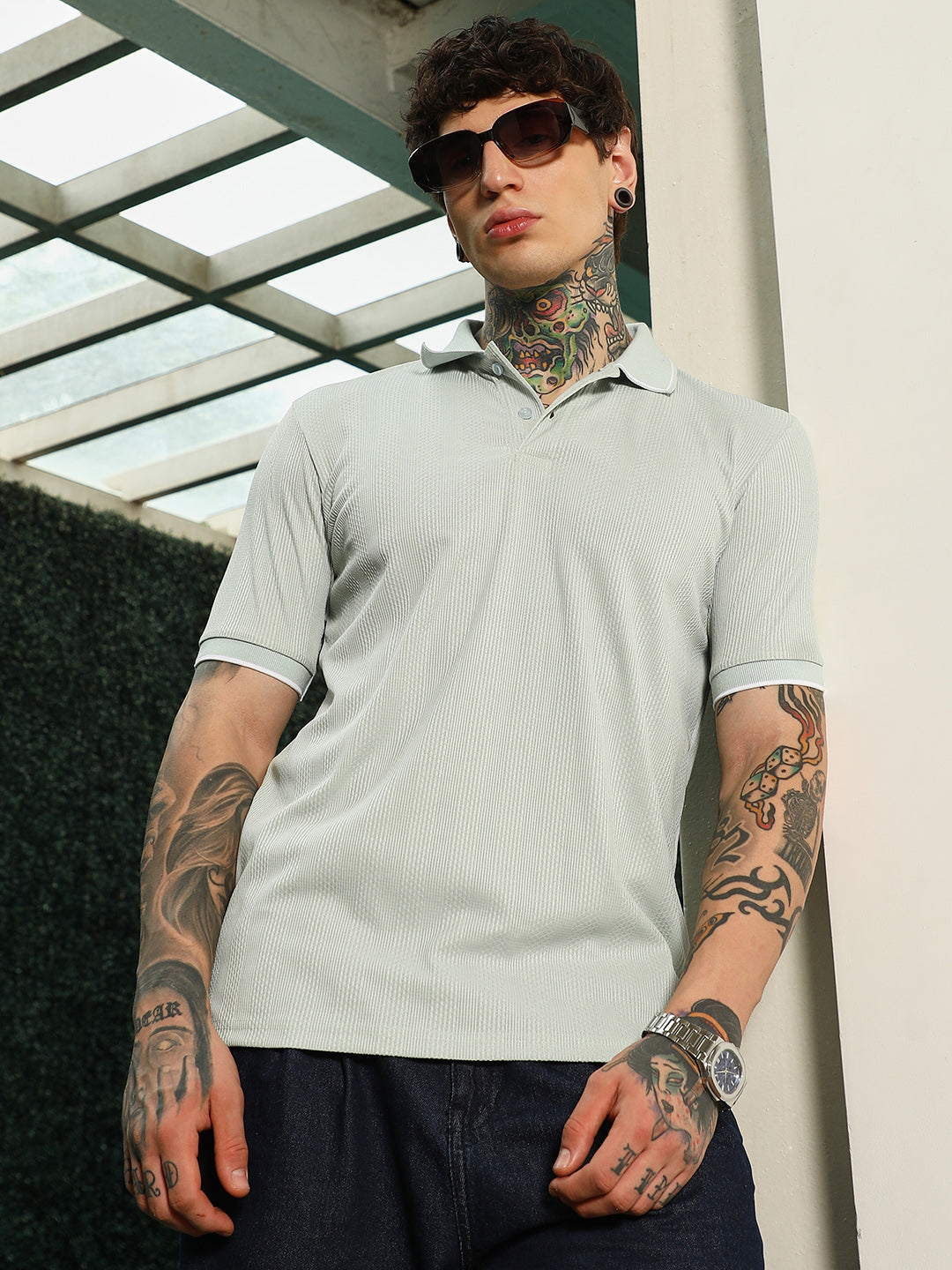Campus Sutra Light Green Textured Polo T-Shirt - Slim Fit, Breathable Poly-Spandex Blend
