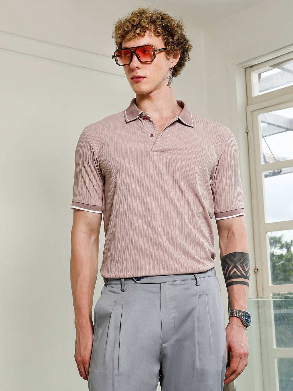 Campus Sutra Light Pink Textured Polo T-shirt with Contrast Detailing