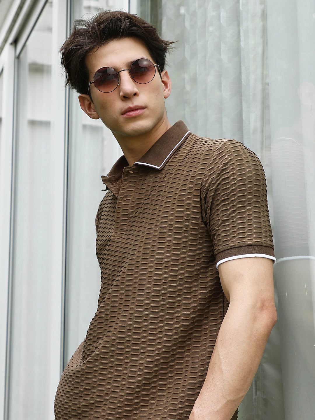 Campus Sutra Brown Textured Polo T-shirt with Contrasting Accents