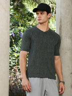 Campus Sutra Emerald Green & Midnight Black Contrast-Heathered Knitted T-Shirt