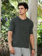 Campus Sutra Emerald Green & Midnight Black Contrast-Heathered Knitted T-Shirt