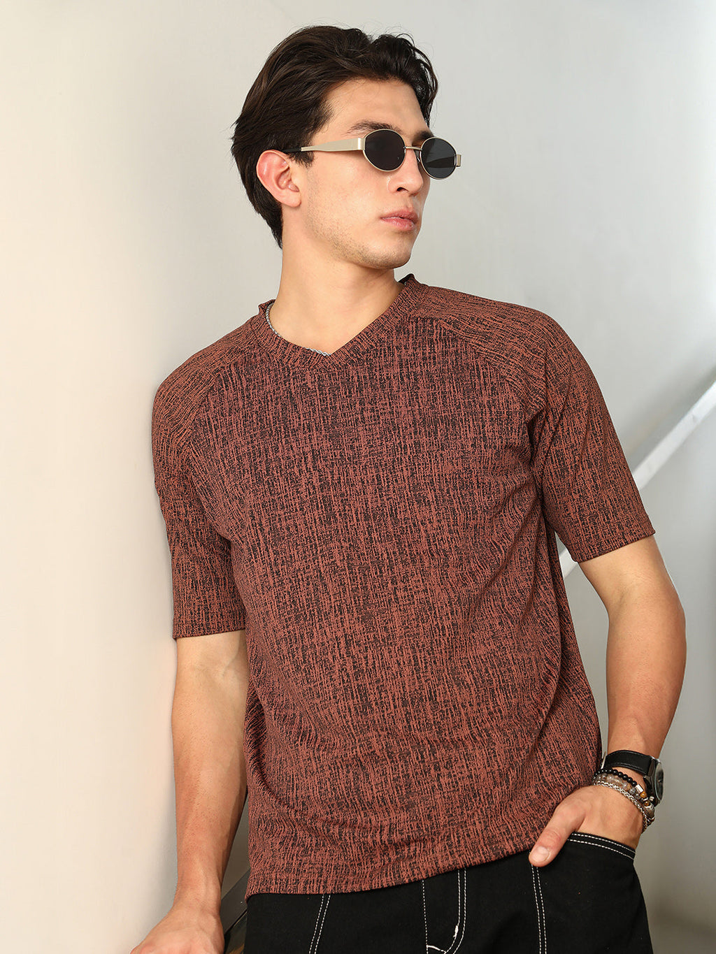 Campus Sutra Contrast-Heathered Knitted T-Shirt