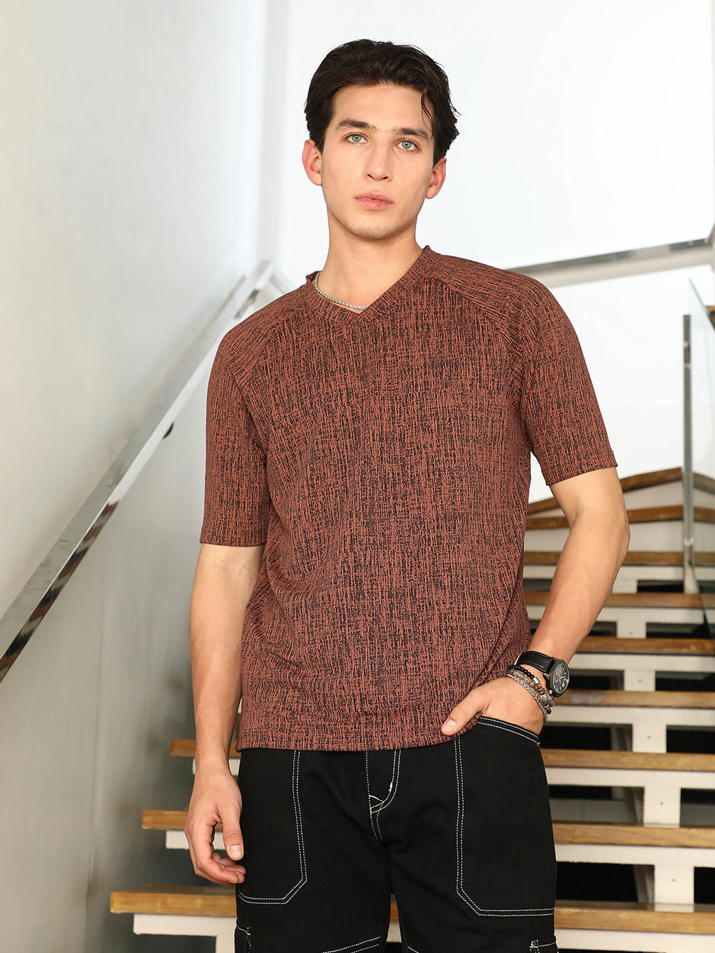 Campus Sutra Contrast-Heathered Knitted T-Shirt