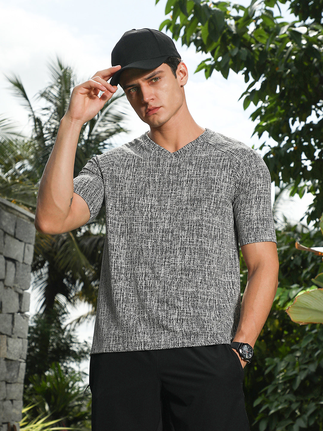 Campus Sutra Coin Grey & Midnight Black Contrast-Heathered Knitted T-Shirt