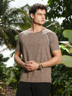 Campus Sutra Mocha Brown Abstract-Imprint Activewear T-Shirt