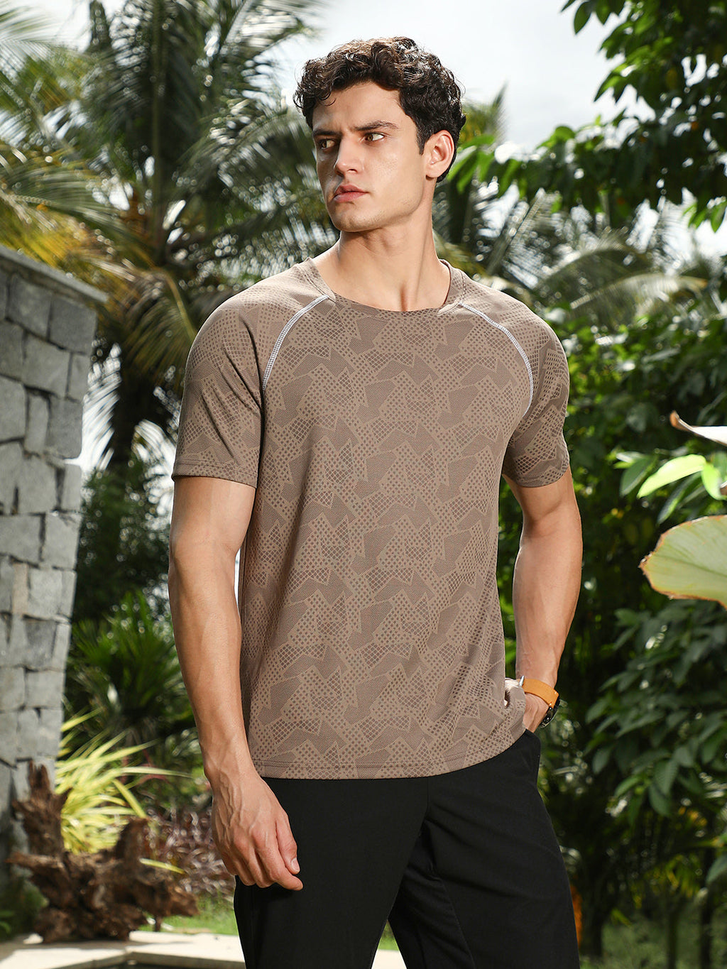Campus Sutra Mocha Brown Abstract-Imprint Activewear T-Shirt