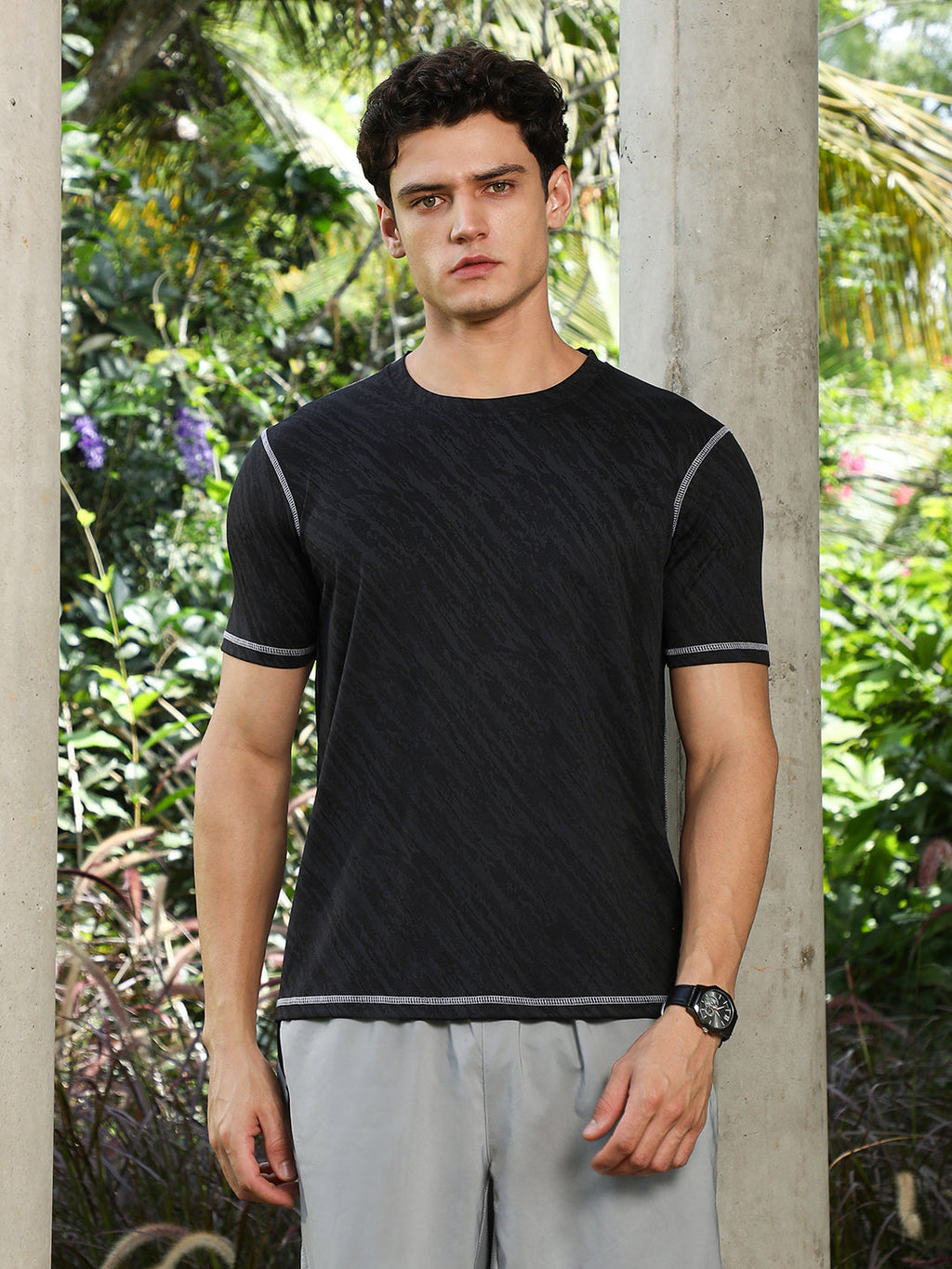Campus Sutra Onyx Black Plash-Imprint Activewear T-Shirt