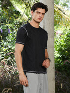 Campus Sutra Onyx Black Plash-Imprint Activewear T-Shirt