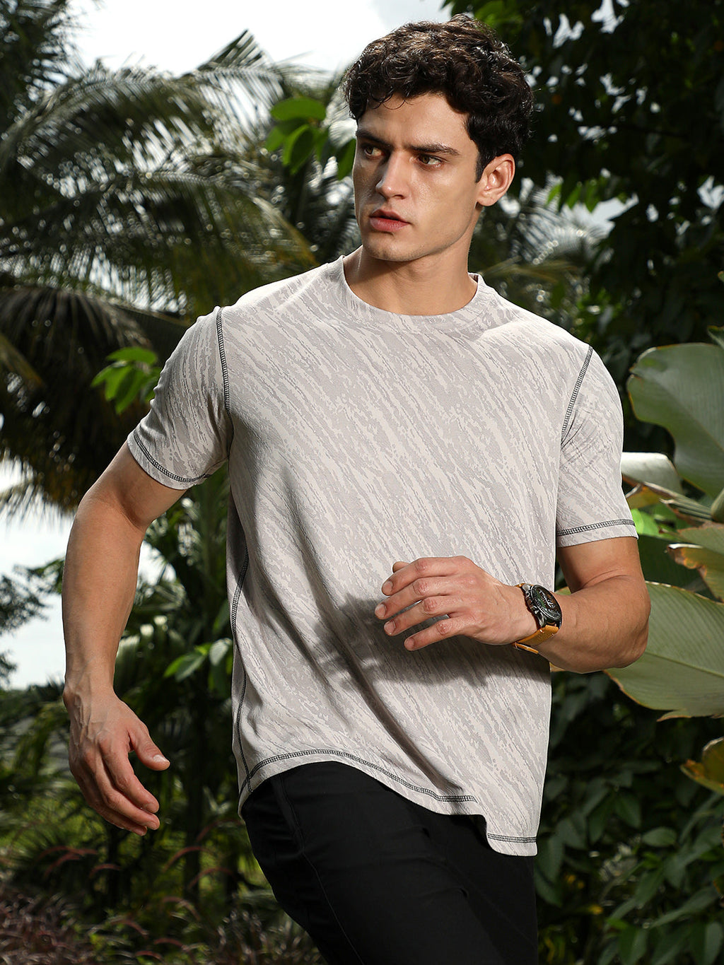 Campus Sutra Cloud Grey Plash-Imprint Activewear T-Shirt