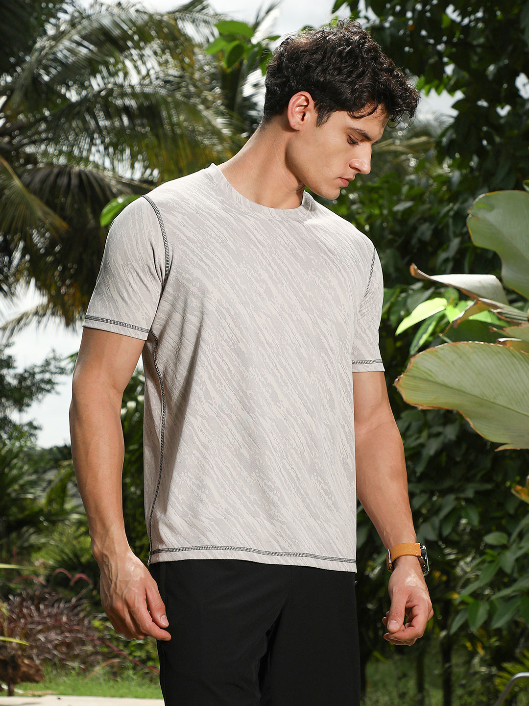 Campus Sutra Cloud Grey Plash-Imprint Activewear T-Shirt