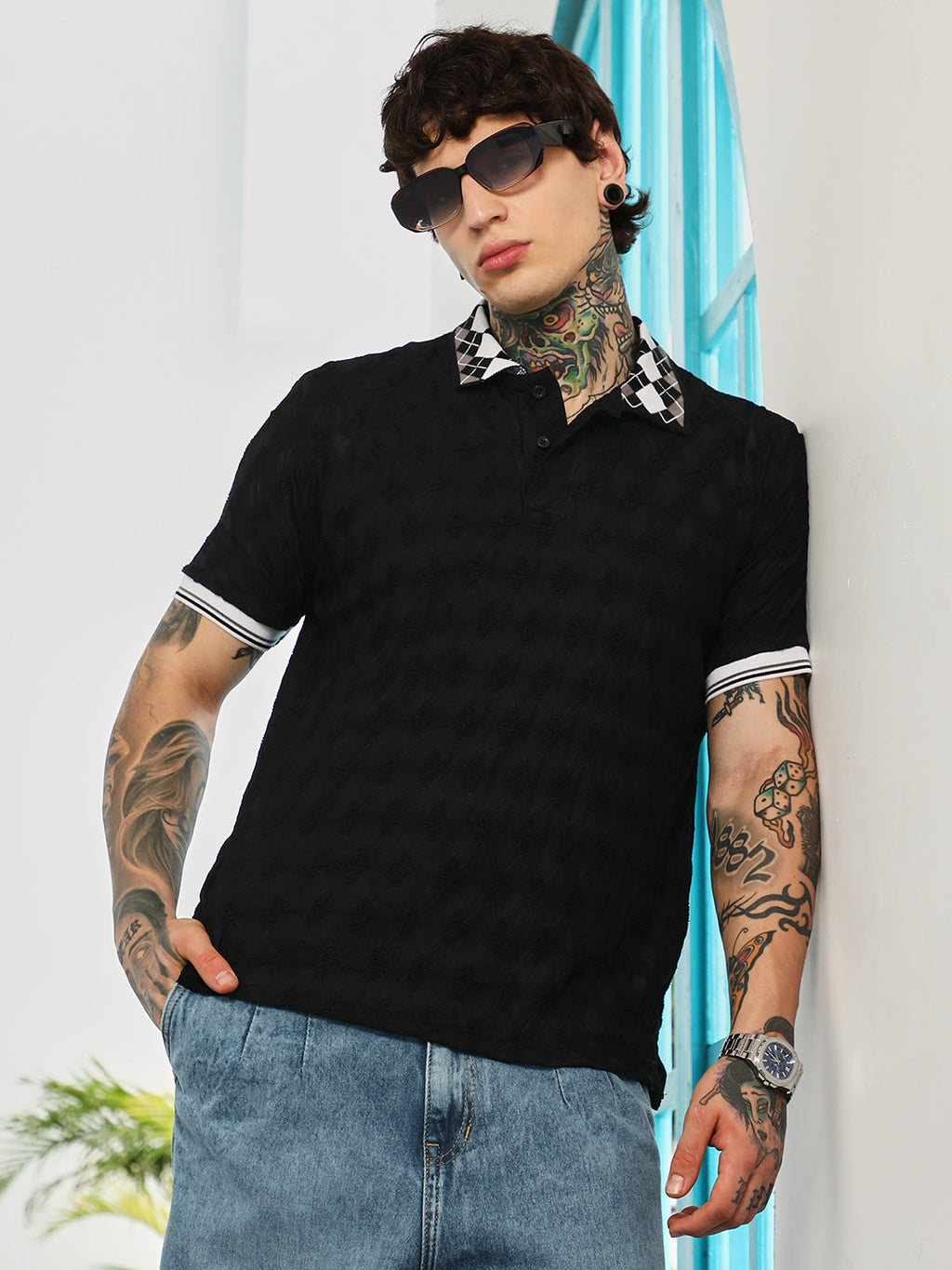 Campus Sutra Block Argyle-Knit Polo T-Shirt