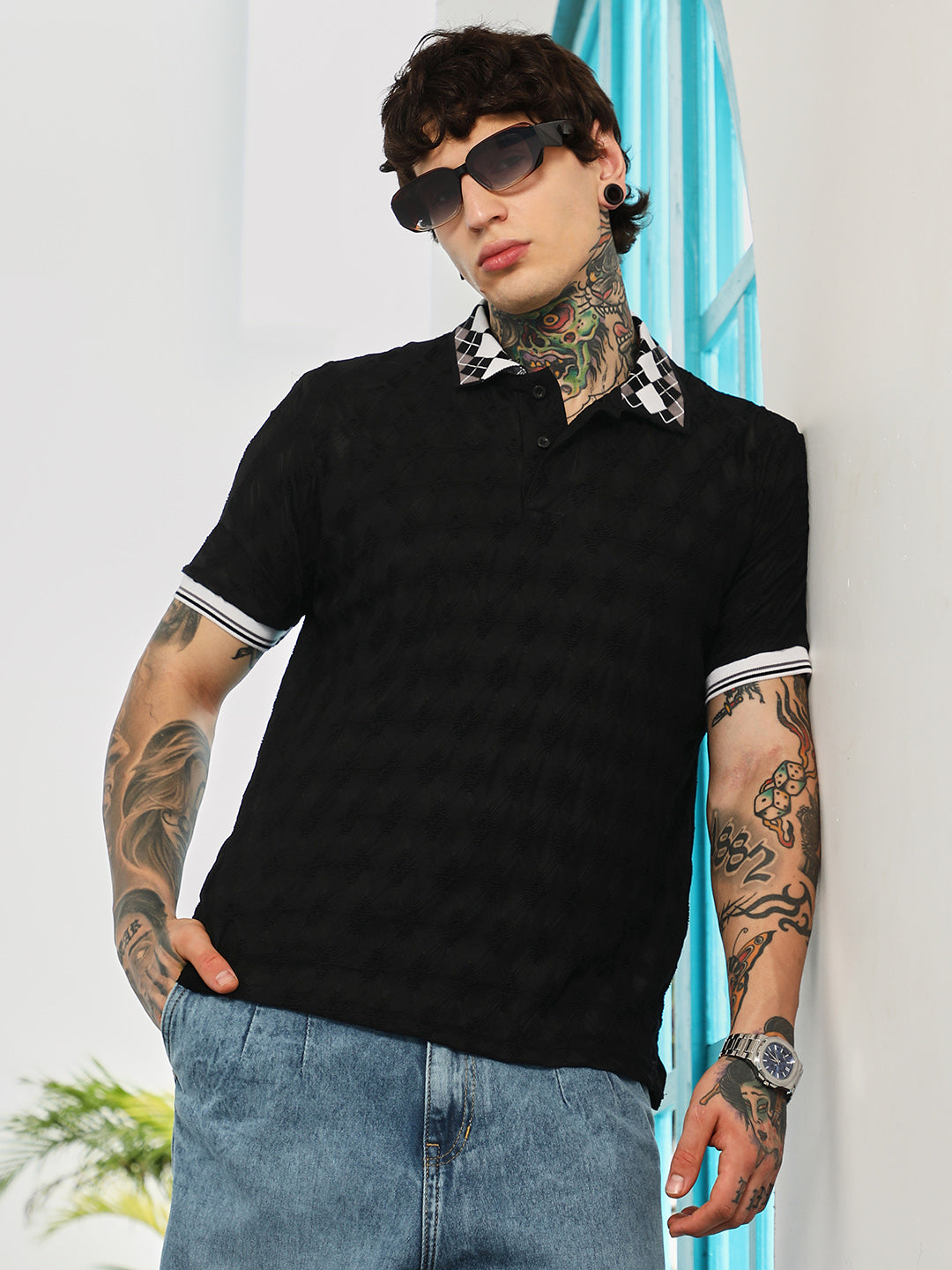 Campus Sutra Block Argyle-Knit Polo T-Shirt