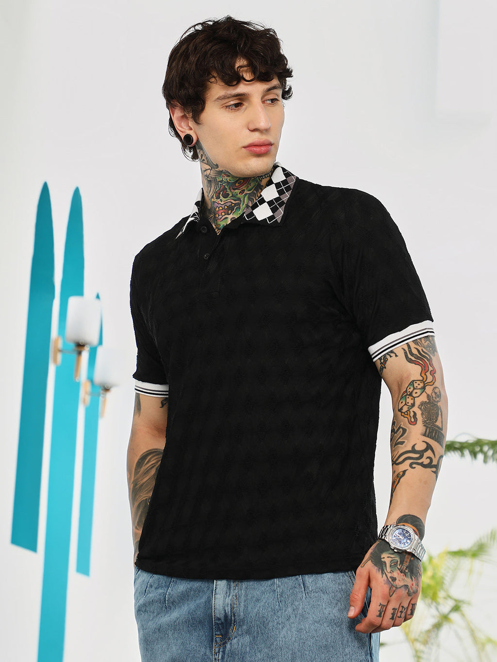 Campus Sutra Block Argyle-Knit Polo T-Shirt